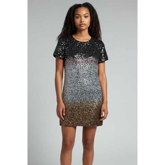 Diane Von Furstenberg Sequin Ombre Mini Dress Black/Gold Short Sleeve Womens 4 - Picture 1 of 10